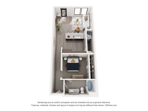 A 3D floor plan of a small apartment with a kitchen, living room, and bathroom.